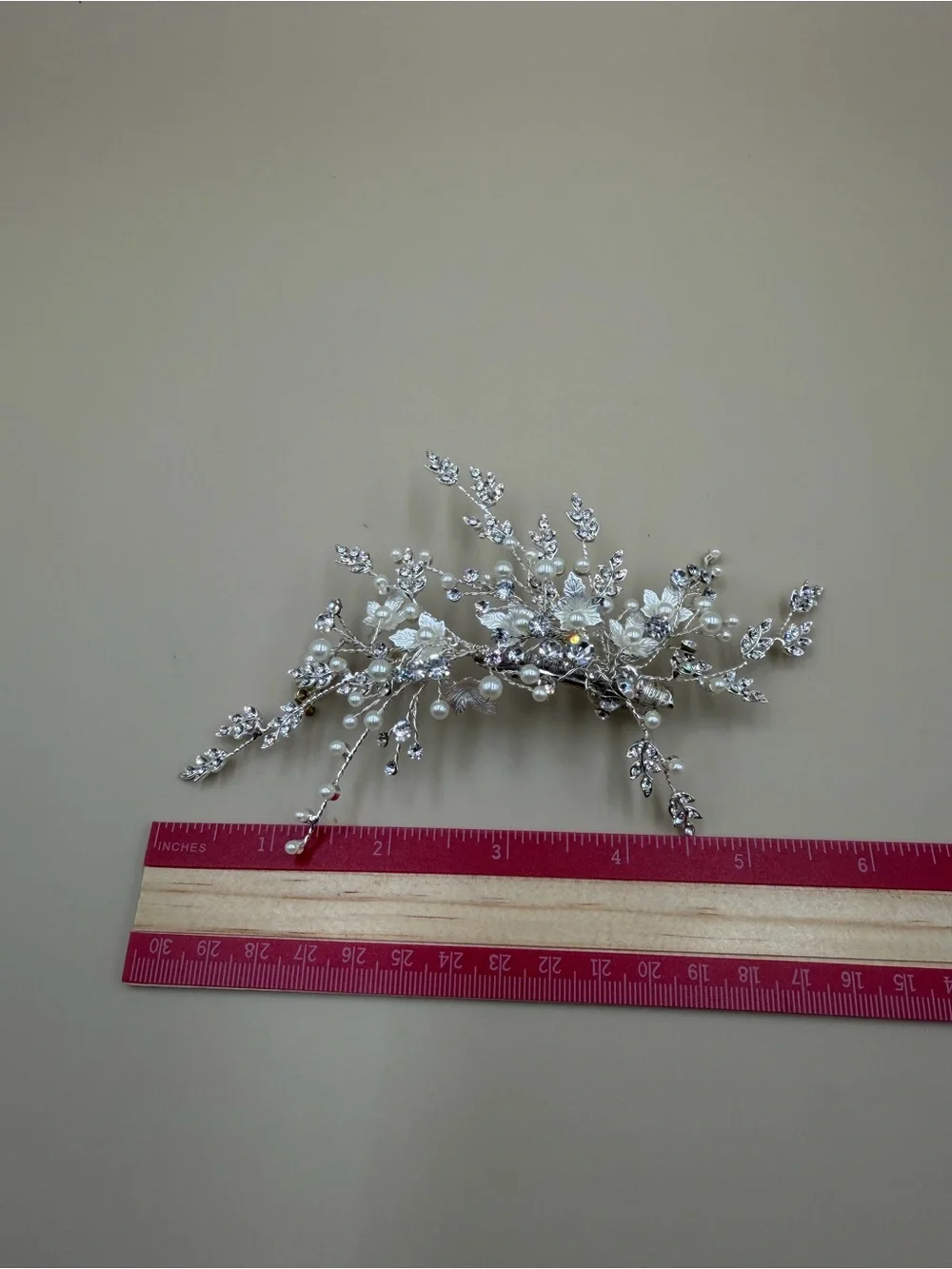 Bridal Pearl Crystal Leaf Hair Barrette Silver Wedding Clip 6”